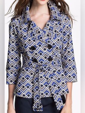 Kate Spade Flared Trench Jacket Cotton Blue Gray White Geometric Belted Coat